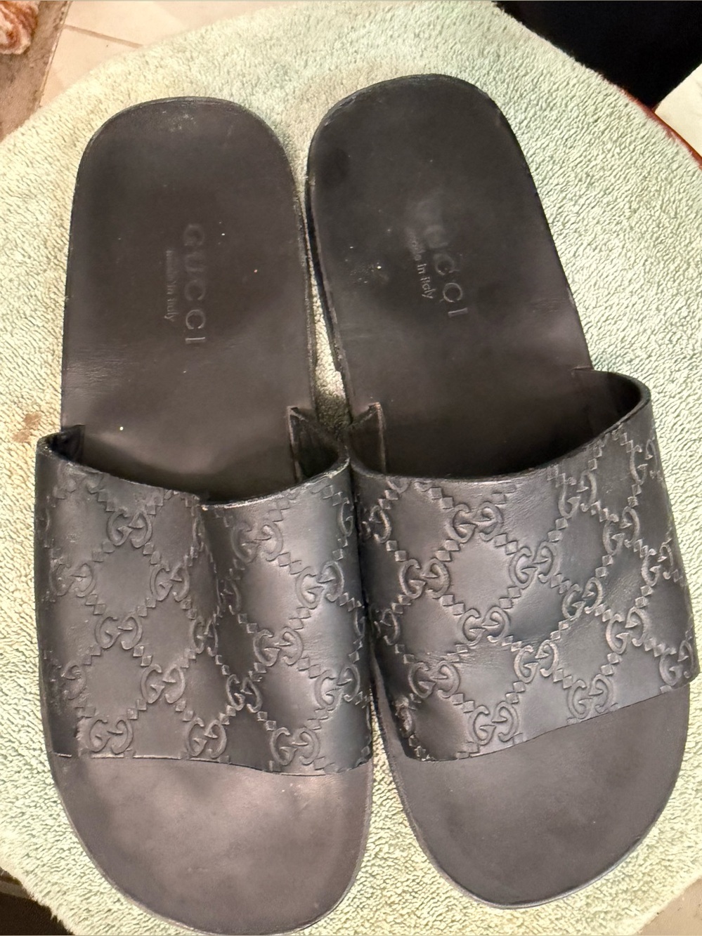 Gucci Black Embossed GG Slide Sandals - Picture 1 of 10